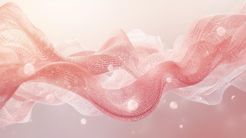 abstract visualization of flowing text and data forming organic shapes soft pink palette representing storytelling meets technology minimal elegant composition.jpg
